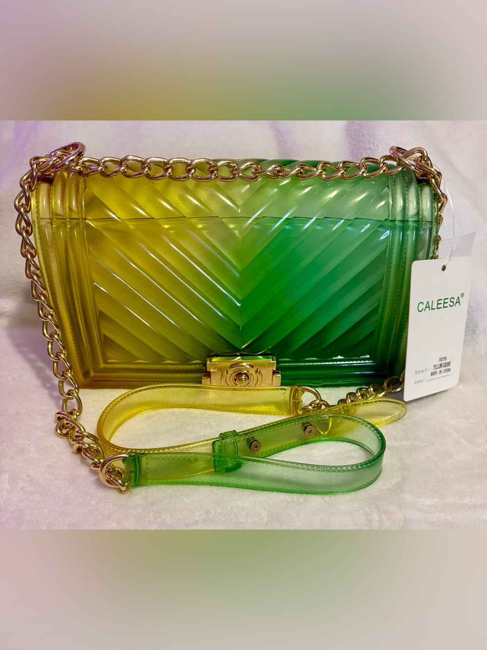 Caleesa Jelly Green and Yellow Ombre Chevron Crossbody Bag with Gold Chain